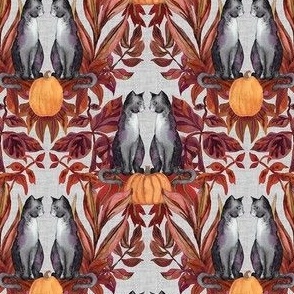 Watercolor Halloween Grey Cats in Fall Foliage - Ditsy - Pumpkins Autumn White Linen Background