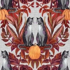 Watercolor Halloween Grey Cats in Fall Foliage - Small - Pumpkins Autumn White Linen Background