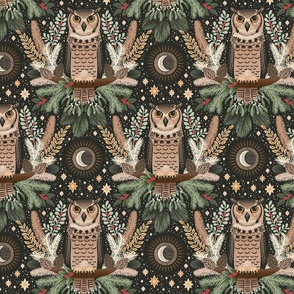 Festive Great Horned owl damask - Natural Christmas - warm neutrals and greens on soft black - medium