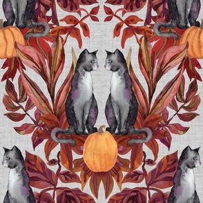 Watercolor Halloween Grey Cats in Fall Foliage - Medium - Pumpkins Autumn Cottagecore