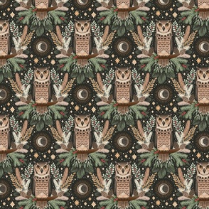Festive Great Horned owl damask - Natural Christmas - warm neutrals and greens on soft black - small