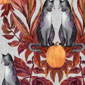 Watercolor Halloween Grey Cats in Fall Foliage - Large - Pumpkins Autumn