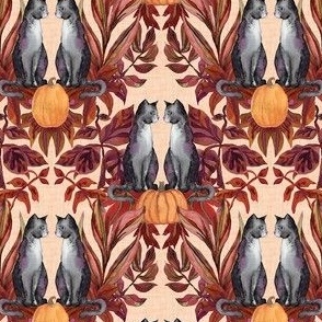 Watercolor Halloween Grey Cats in Fall Foliage - Ditsy - Orange Background Pumpkins Autumn
