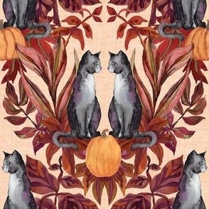 Watercolor Halloween Grey Cats in Fall Foliage - Small - Orange Background Pumpkins Autumn