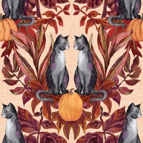 Watercolor Halloween Grey Cats in Fall Foliage