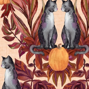 Watercolor Halloween Grey Cats in Fall Foliage - Large - Orange Background Pumpkins Autumn