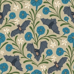 (M) Cottagecore Halloween Bats with Moonflowers and Star Jasmine - warm blue on mushroom