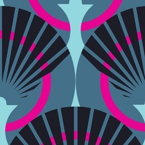 Very Large-scale fan stylization in Art Deco, Black  on a dark turquoise background