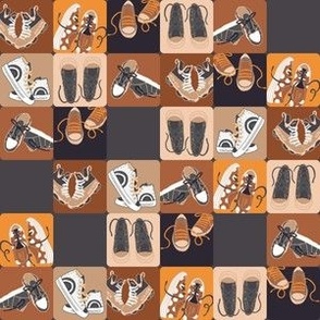 Colorful sneakers (S) on the checkerboard - dark grey, orange, apricot orange, black, brown