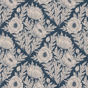 (L) Poppy flower bouquet block print cream and blue- textured background L  scale