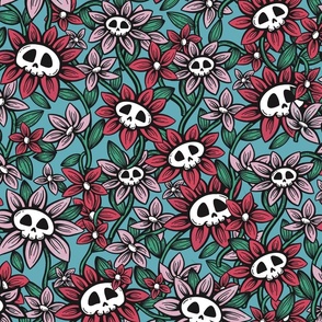 Skull Flowers In Pink And Blue