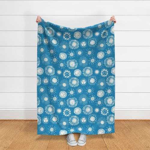 Rustic Boho Sun Block Print - large scale - in Azure Blue_tint_and Ivory