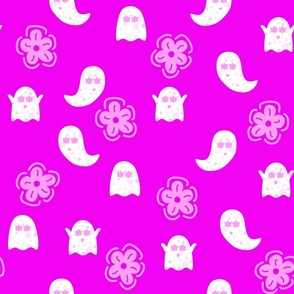 Flower Power Groovy Happy Halloween Ghosts in Hot Magenta Pink