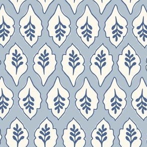Block print folk art leaves in horizontal stripes / light gray and blue