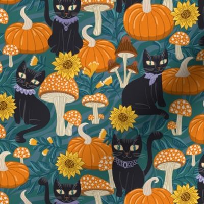 small// Cottage Core Halloween Black Cats In Ruffles, Pumpkins And Mushrooms Original Teal