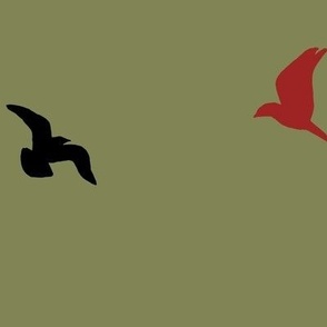 large - Birds flying in the sky - black with unexpected red accents on khaki green