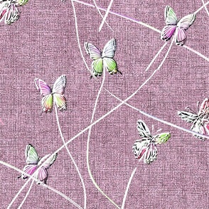 Embroidery Texture Watercolor Butterflies on Powder Pink Linen