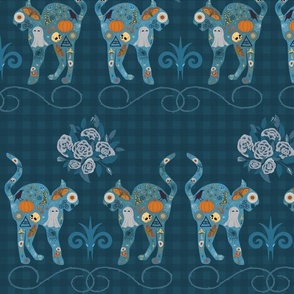  Cottagecore Halloween -Symmetrical cats in ruffle-  Deep blue Gingham back ground- ghost/floral/spooky symbols/roses/goat skulls/ spides/ mushroom/pumpkin/stars/eerie hands