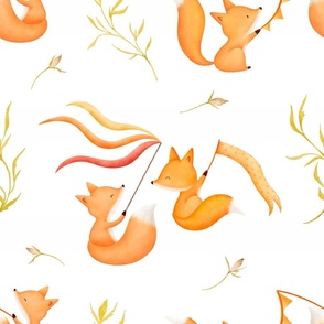 Medium - Cute watercolor play time baby foxes orange red on white