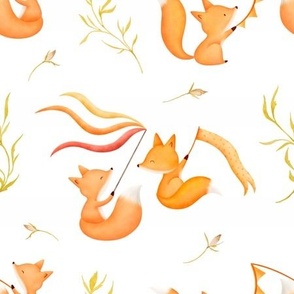 Small - Cute watercolor play time baby foxes orange red on white