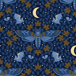 Hedge Witch Cottage Garden / Folk Art / Cottagecore / Halloween / Gothic /Deaths Head Moth Cat Bat / Marine Blue Cornflower Blue / Large