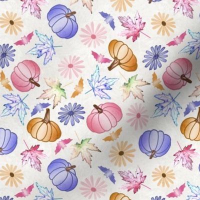 Small Pink Blue Peach Halloween Pumpkins Bats Daisies and Leaves on Natural