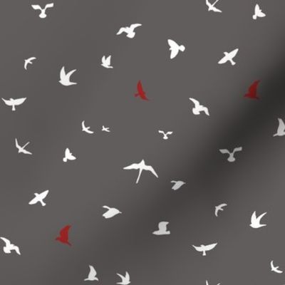 small - Birds Flying In The Sky - White With Unexpected Red Accents On Dark Gull Gray