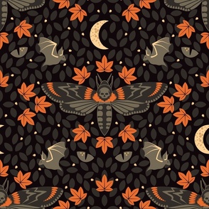 Hedge Witch Garden / Folk Art / Cottagecore / Halloween / Gothic / Eyes Death Head Moth Bat / Charcoal Brown Persimmon / Large
