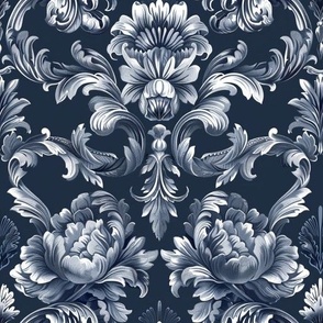 Navy and White Baroque Floral Pattern 
