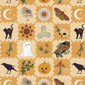 Chessboard Cottagecore Halloween-fabric texture- coffins & roses/ skulls/ mushrooms/ Jack o' lanterns/black cats/ herbs/ moon/ leaves/ florals/ sparkling/ daisies/ spider's web/ moths/ pale yellow/ black/ white/ deep red/ orange/ deep green/ravens