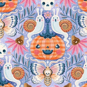 Cottagecore Halloween Ghosts Snails Gingham Pumpkin Skull Moth Periwinkle Textured