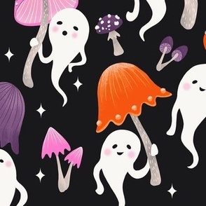 L / Cute White Ghosts with Mushrooms Cottagecore Halloween