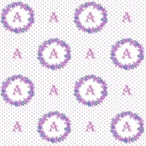 A flower wreaths, personalized fabric with A letters for kids, polka dot design, purple polka dot, floral pattern, initials, baby things, light, white background, lilac flowers