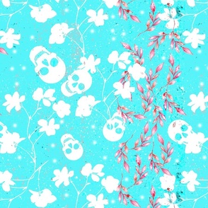 White skulls flowers and pink leaves on blue zircon bright cyan