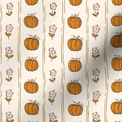 Fall cottagecore floral halloween pumpkin stripe in cream and pumpkin