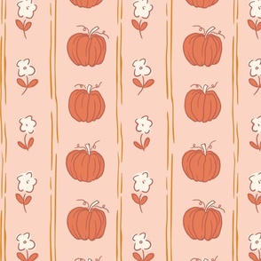 Hand drawn cottage core halloween floral and fall pumpkin vertical stripe in pink and terracotta