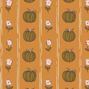 Hand drawn cottage core halloween floral and fall pumpkin vertical stripe in pumpkin spice