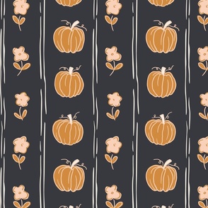 Hand drawn cottage core halloween floral and fall pumpkin vertical stripe in charcoal