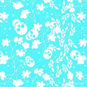 White skulls flowers and  leaves on blue zircon bright cyan
