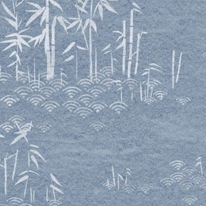 Bamboo Paper, Smoky Azure | Bamboo plants with block printed waves pattern in soft white on a smoky blue paper texture, gray blue, calm nature wallpaper in azure gray and white, rustic neutrals for Zen garden, yoga and meditation.