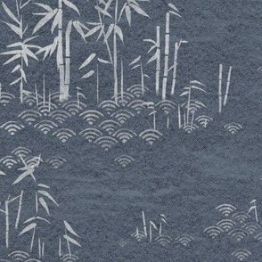 Bamboo Paper, Charcoal Blue | Bamboo plants with block printed waves pattern in soft white on a dark blue paper texture, gray blue, calm nature wallpaper in dark gray and white, rustic neutrals for Zen garden, yoga and meditation.