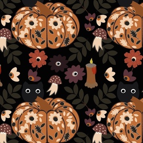 Cottage core Florals Halloween Black Cat small scale