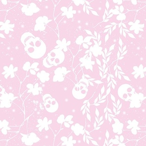 White skulls flowers and  leaves on pink