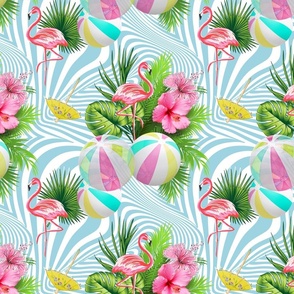 flamingo beach, tropical leaves, swimming pool, pink flamingo, tropical,  holidays, resort, white blue stripes, whimsical, hot vacation, beach ball, cheerful, tropical flowers hibiscus.