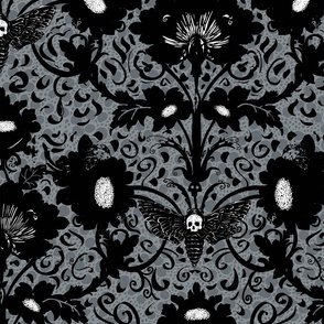 creepy black flowers, skull and moth on grey perforated lace - medium scale