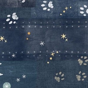 Block Print Paws (xl scale) | Cat paw prints with moons and stars on linen patchwork, magic fabric, night sky, halloween, witch fabric, cat paws, cat fabric, cat lover, pets, pet prints, paw print, halloween cats, witch's cat.