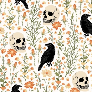 Cottagecore Hand Drawn Halloween Ravens Skulls and Boho Wildflowers - (MEDIUM) - light background
