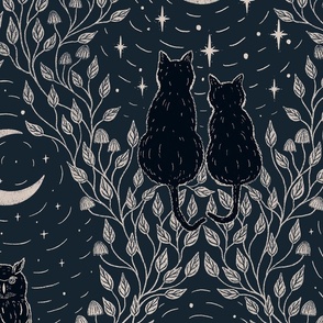 (L) Owl and cat in the moonlight - dark night- Blue background L scale