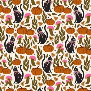 Cottagecore Autumn Charm with Black Cats, Pumpkins + Mushrooms