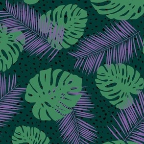 Monstera jungle rain and palm leaves - tropical hawaii island summer vibes lilac green on emerald 
